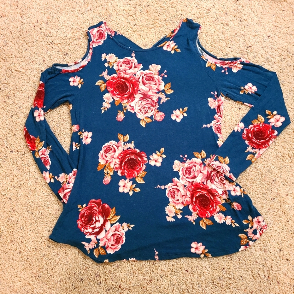 Teal Floral Print Shoulderless Longsleeve Top